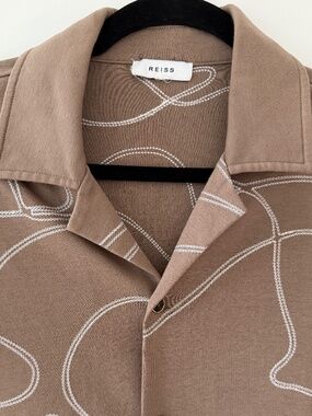 Reiss Abstract Stitch Print Camp Collar Shirt | Taupe | Men's